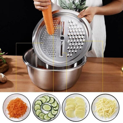 Rende za sargarepu, krastavac, krompir. Cinija hvata iseckano povrce. Kuhinjski alat.