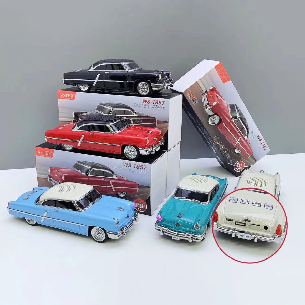 Retro auto bluetooth zvucnik WS-1957 sa prikazom zadnjih prikljucaka
