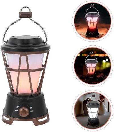 Prikaz punjive retro lampe za kampovanje sa toplim svetlom. Idealna za stvaranje prijatne atmosfere u prirodi i kuci.