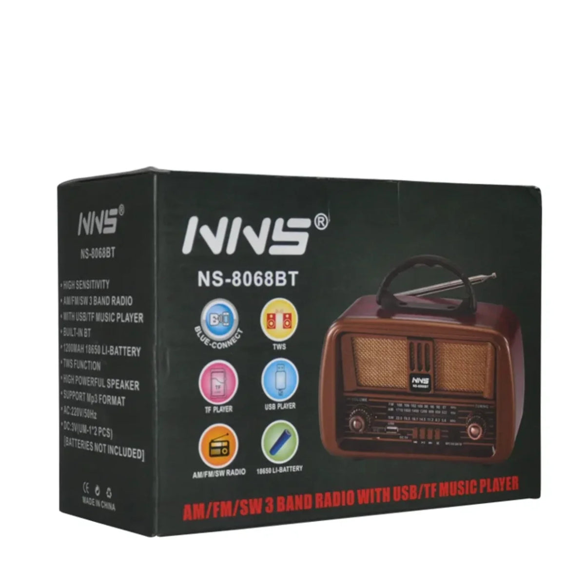 Kutija retro radio prijemnika sa oznacenim bluetooth i USB funkcijama