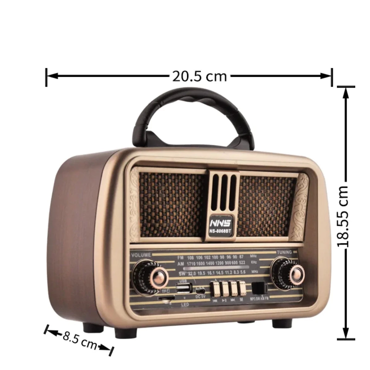 Retro radio prijemnik sa prikazanim dimenzijama 20,5 x 18,5 x 8,5 cm