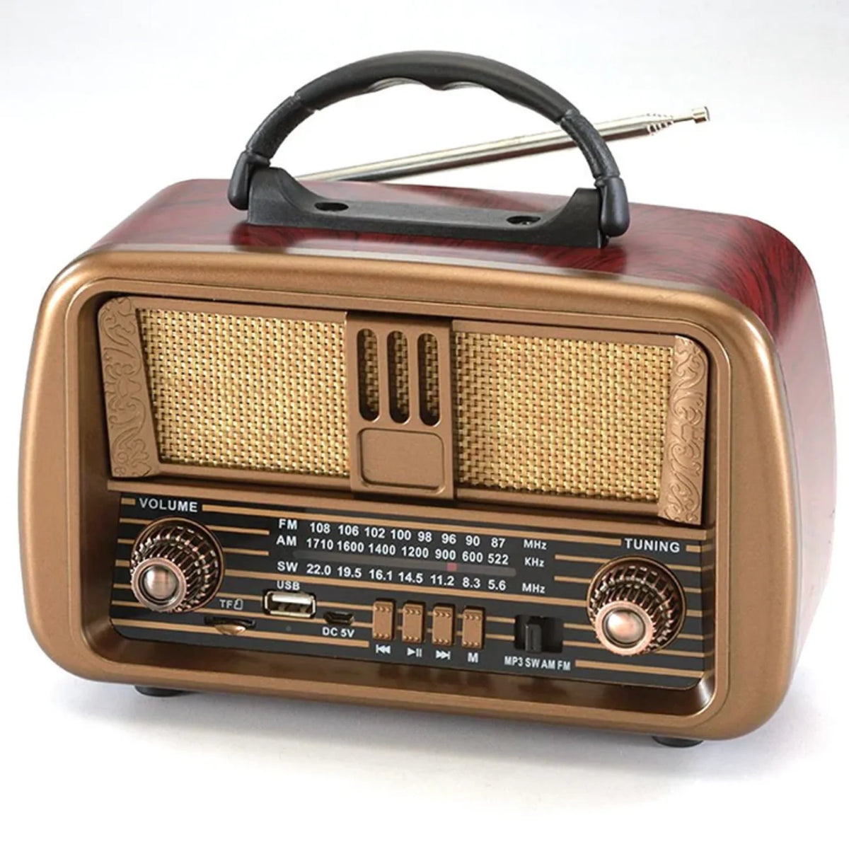 Prednja strana retro radio prijemnika sa komandama i USB ulazom