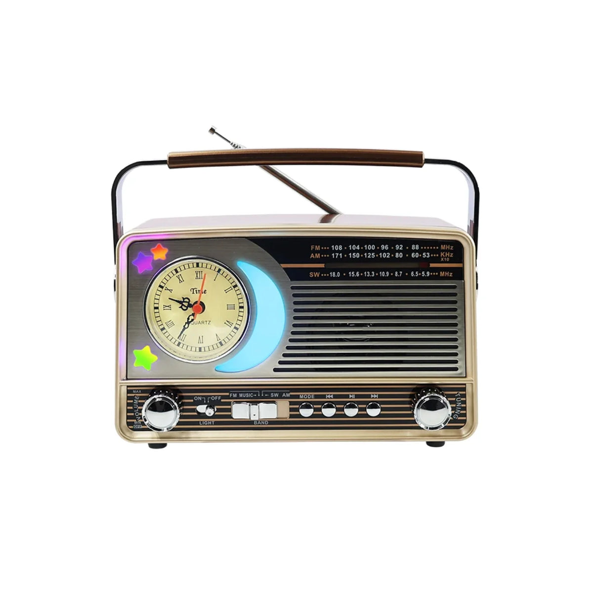 Retro radio sa satom i dekorativnim LED osvetljenjem