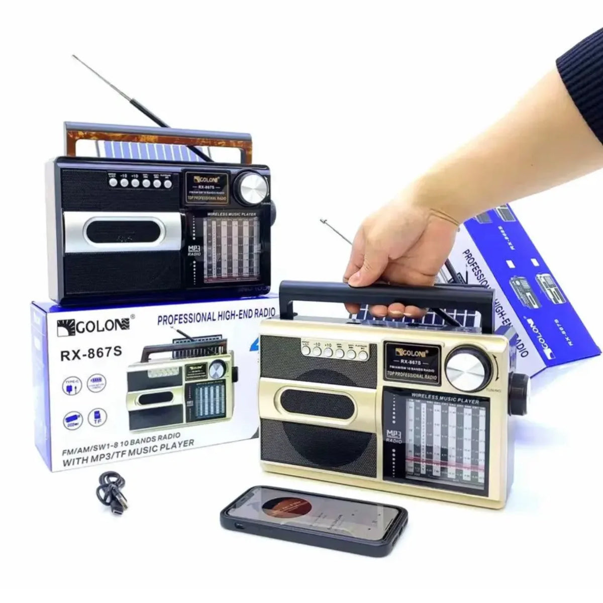 Retro solarni radio prijemnik sa MP3 plejerom uz ambalazu i telefon