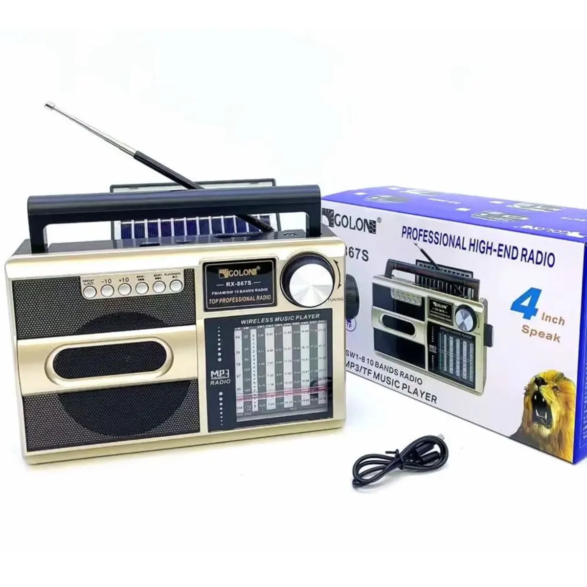 Retro solarni radio prijemnik sa MP3 plejerom i usb kablom ispred kutije