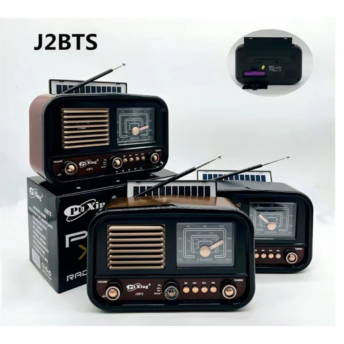 Grupni prikaz retro solarnih radio prijemnika sa kutijom