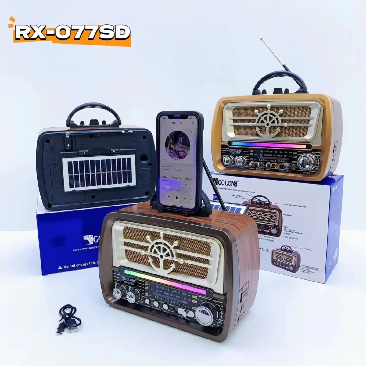 Retro solarni radio zvucnik sa solarnim panelom, led trakom i drzacem za telefon