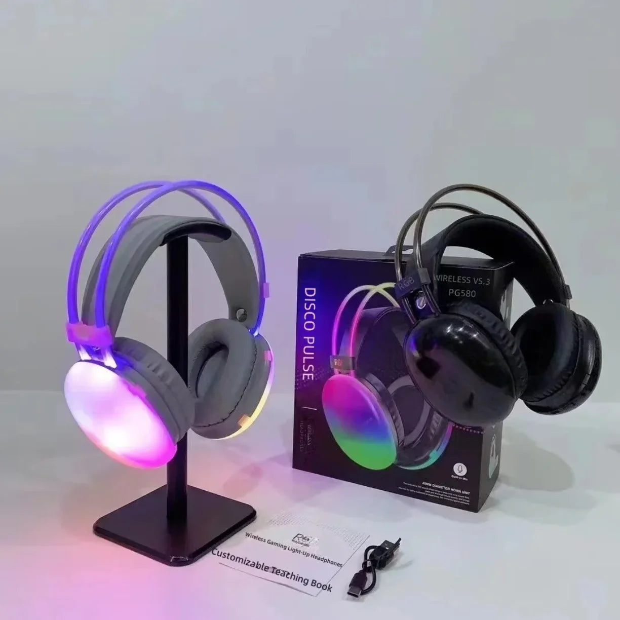 RGB bezicne disko slusalice na postolju sa kutijom