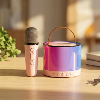 RGB karaoke bluetooth zvucnik sa mikrofonom na stolu u dnevnoj sobi