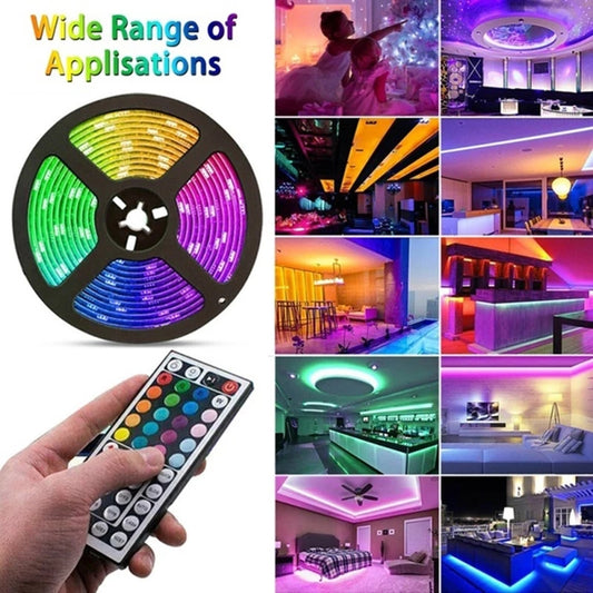 RGB LED traka na roli sa daljinskim i primerima ambijentalnog osvetljenja u enterijeru