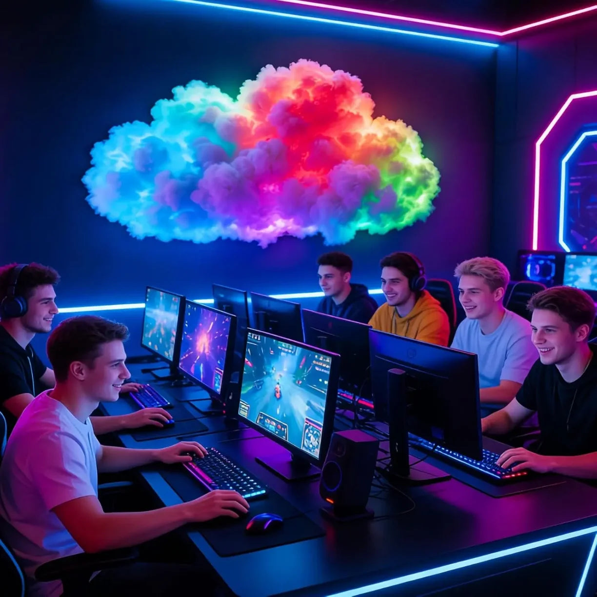 RGB svetleci oblak u gejming sobi iznad racunara