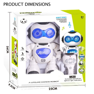 Robot igracka u originalnom pakovanju sa prikazanim dimenzijama kutije 26x25x9.5cm i preporucenim uzrastom 6+. Funkcije ukljucuju kretanje, svetlo, muziku i ples.