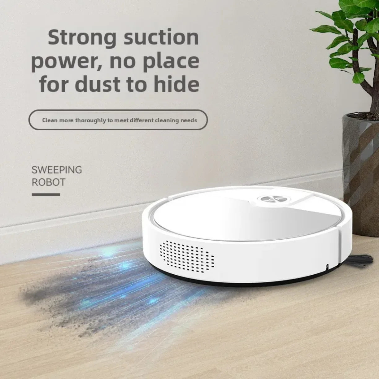Robot usisivac sa jakom usisnom moci koji cisti prasinu uz zid na drvenom podu