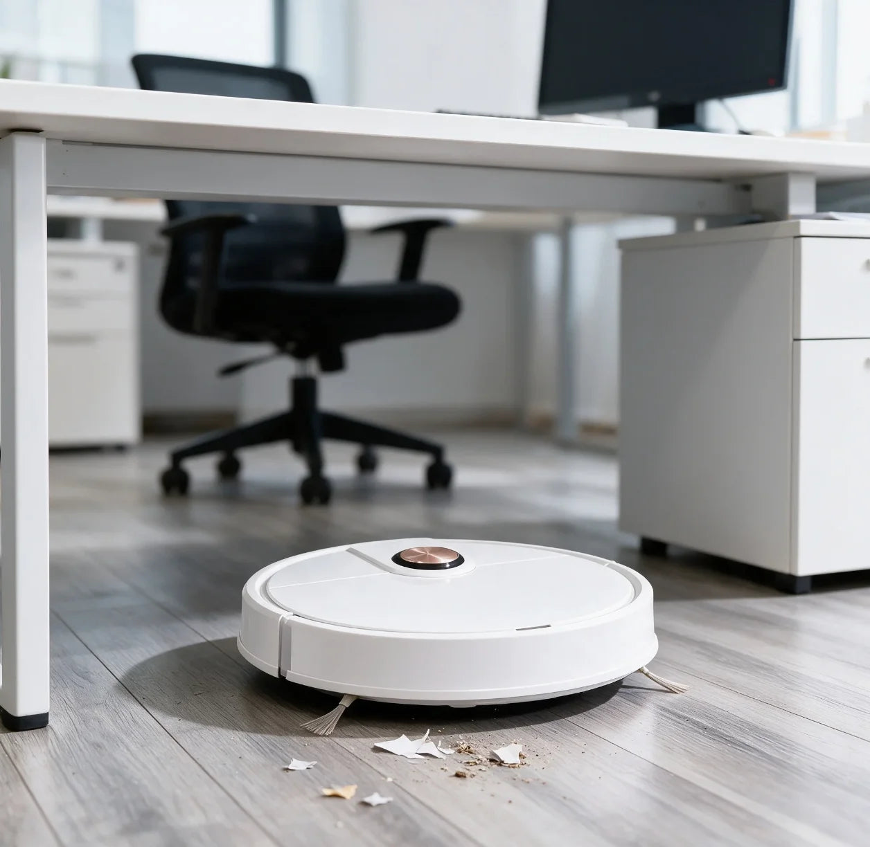 Robot usisivac koji cisti sitan otpad na podu kancelarije ispod stola