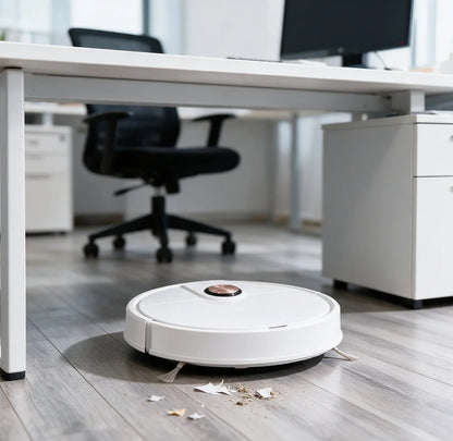 Robot usisivac koji cisti sitan otpad na podu kancelarije ispod stola