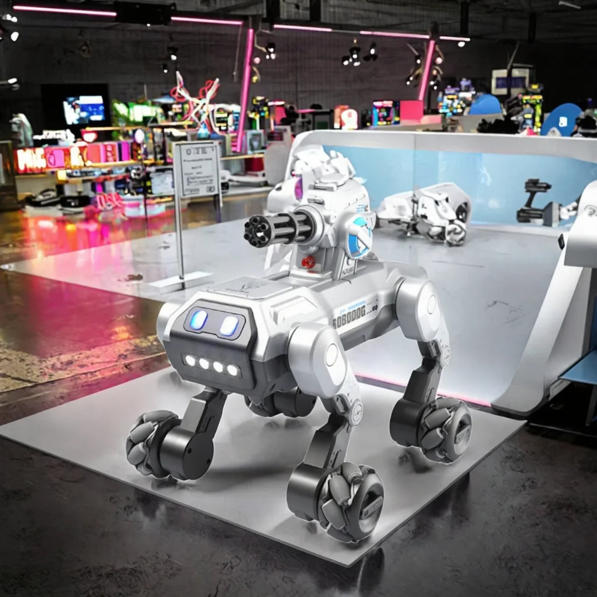 Robotski pas sa topom izlozen u futuristickoj igraonici