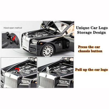 Detalj haube dečijeg Rolls Royce Phantom sa mehanizmom za otvaranje i skrivenim odeljkom u logo Spirit of Ecstasy