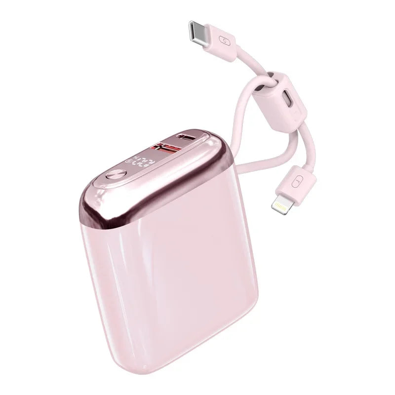 Roze power bank 10000mAh sa ugradjenim USB-C i Lightning kablom i digitalnim displejem