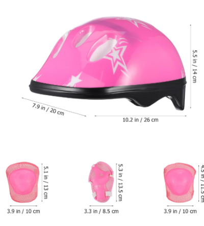 Zastitna oprema za devojcice u roze boji, prikazana sa dimenzijama. Komplet stitnika i kaciga za bezbednost.