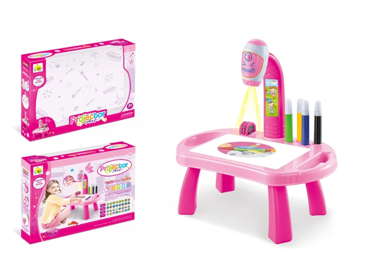Roze deciji sto za crtanje sa projektorom i prikazom kutije