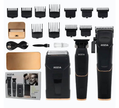 Detaljan prikaz Rozia trimera sa svim ukljucenim cesljevima, cetkicom za ciscenje i uljem.