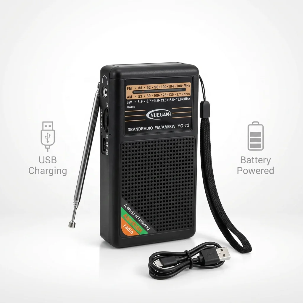 Crni rucni retro radio sa USB kablom za napajanje