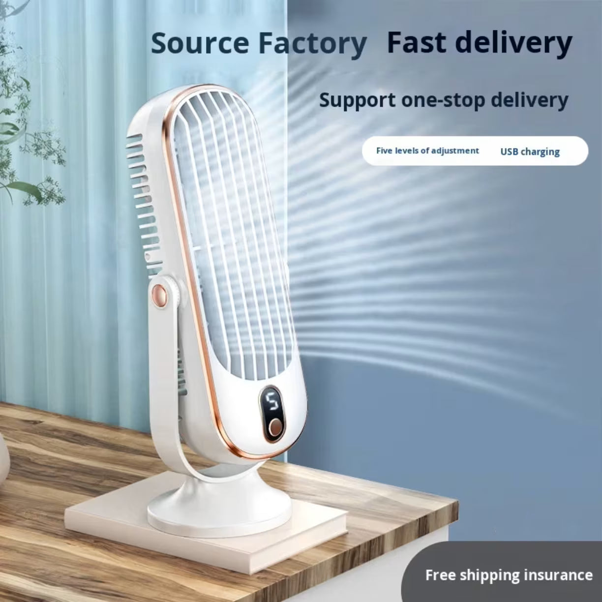 Beli kucni ventilator postavljen na drvenu povrsinu pored knjige dok osvezava prostoriju snaznim strujanjem vazduha