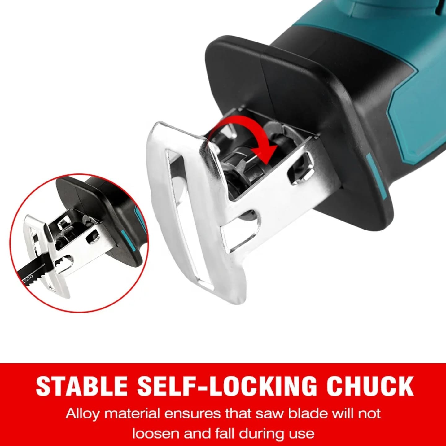 Samozatezna glava akumulatorske recipro testere za brzo i sigurno menjanje testera bez alata