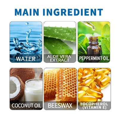 Prikaz glavnih sastojaka u proizvodu: aloe vera, voda, pcelinji vosak, kokosovo ulje, poznati po hidrirajucim svojstvima.