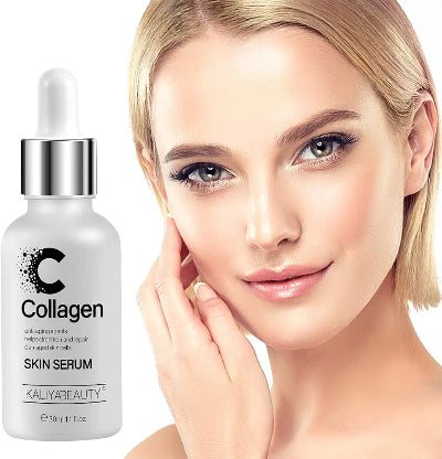 Lepa zena sa blistavom kozom drzi bocicu seruma sa kolagenom i vitaminom C. Prikazuje efekat glatke i mladalacke koze.