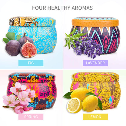 Set cetiri mirisne svece razlicitih aroma. Sveca smokva, lavanda, prolece, limun. Prirodne mirisne svece za dom. Poklon set aromatica.