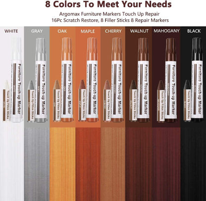 Prikaz kompletnog seta za popravku namestaja sa osam razlicitih boja. U gornjem delu slike nalazi se natpis "8 Colors To Meet Your Needs" (8 Boja Da Zadovolji Vase Potrebe) i "Argomax Furniture Markers Touch Up Repair 16Pc Scratch Restore, 8 Filler Sticks 8 Repair Markers" (Argomax Markeri za Popravku Namestaja, Set za Obnavljanje Ogrebotina od 16 Delova, 8 Voskova za Popunjavanje, 8 Markera za Popravku). Ispod su prikazani setovi za svaku boju: WHITE (bela), GRAY (siva), OAK (hrast), MAPLE (javor), CHERRY 