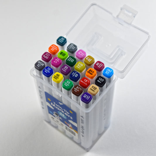 Set sarenih markera za crtanje u prozirnoj kutiji odozgo