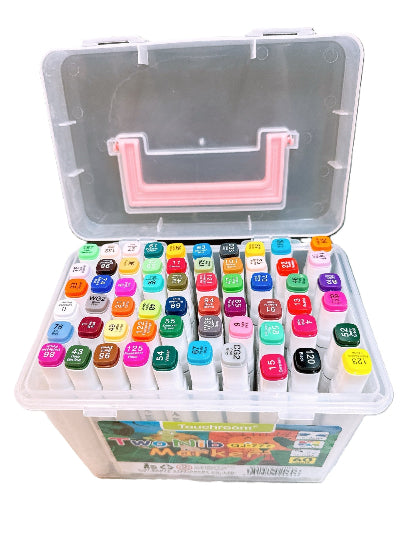 Organizovan set dvostranih markera za crtanje i dizajn u providnoj transportnoj kutiji