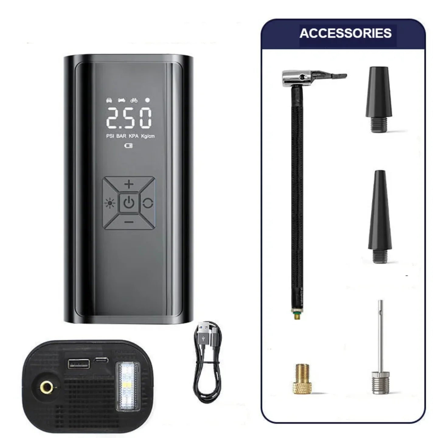 Set prenosivog kompresora sa crevom, nastavcima i USB kablom
