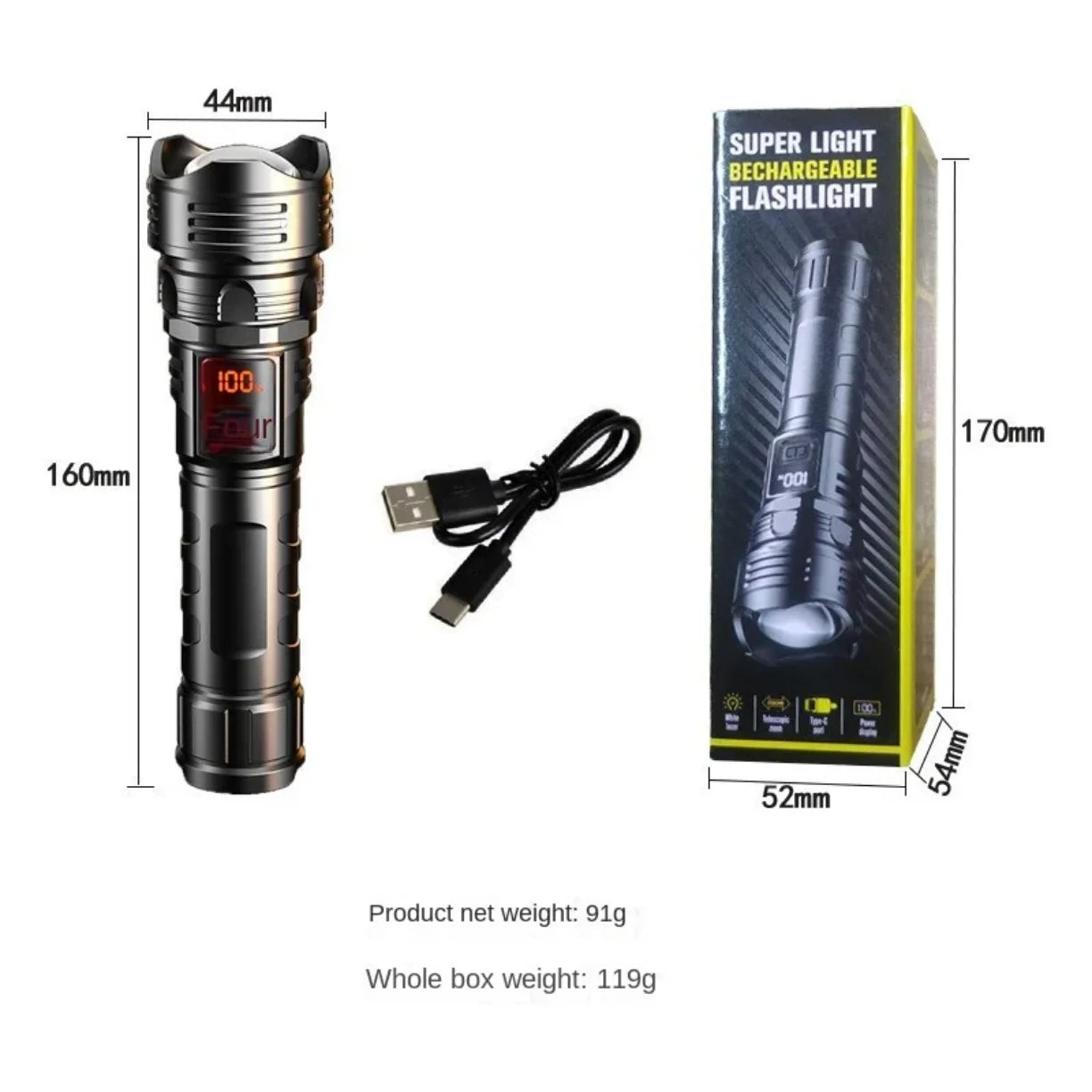 set punjive led baterijske lampe sa usb type c kablom i kutijom