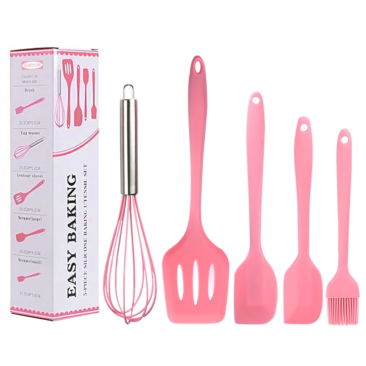 Set silikonskog kuhinjskog pribora 5 delova roze sa ambalazom