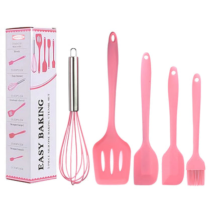 Set silikonskog kuhinjskog pribora 5 delova roze sa ambalazom