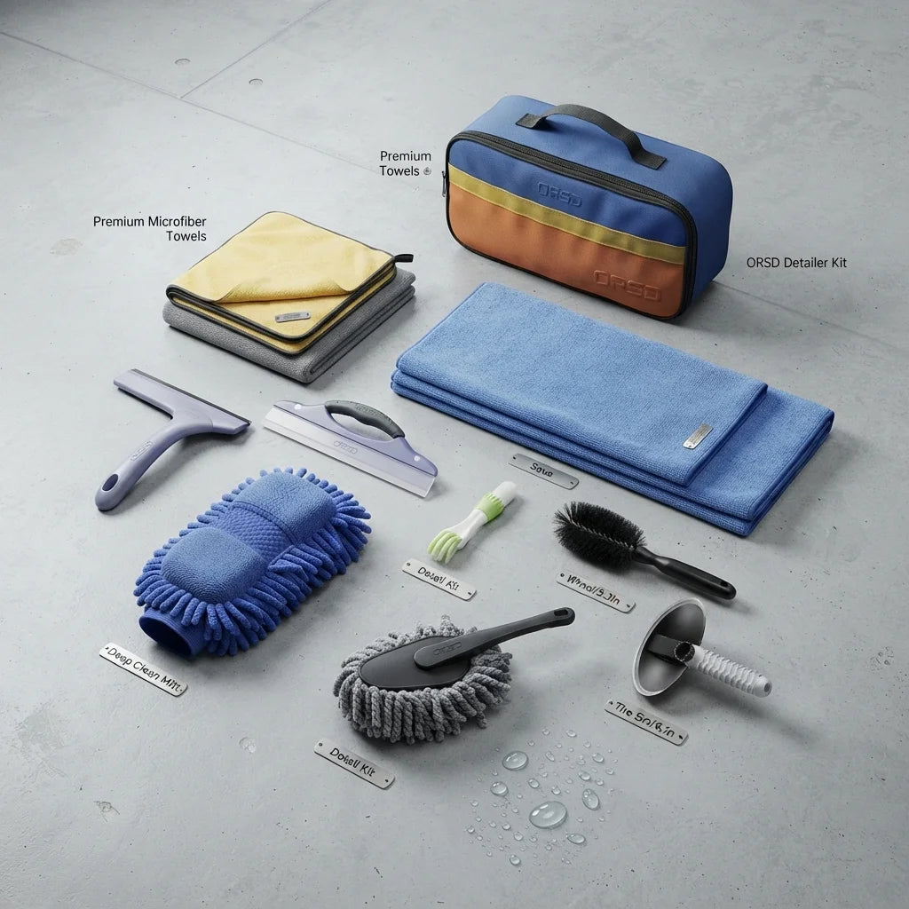 Set za ciscenje automobila sa mikrofiber krpama, rukavicom, cetkama i strugalicama rasporedjen na podlozi