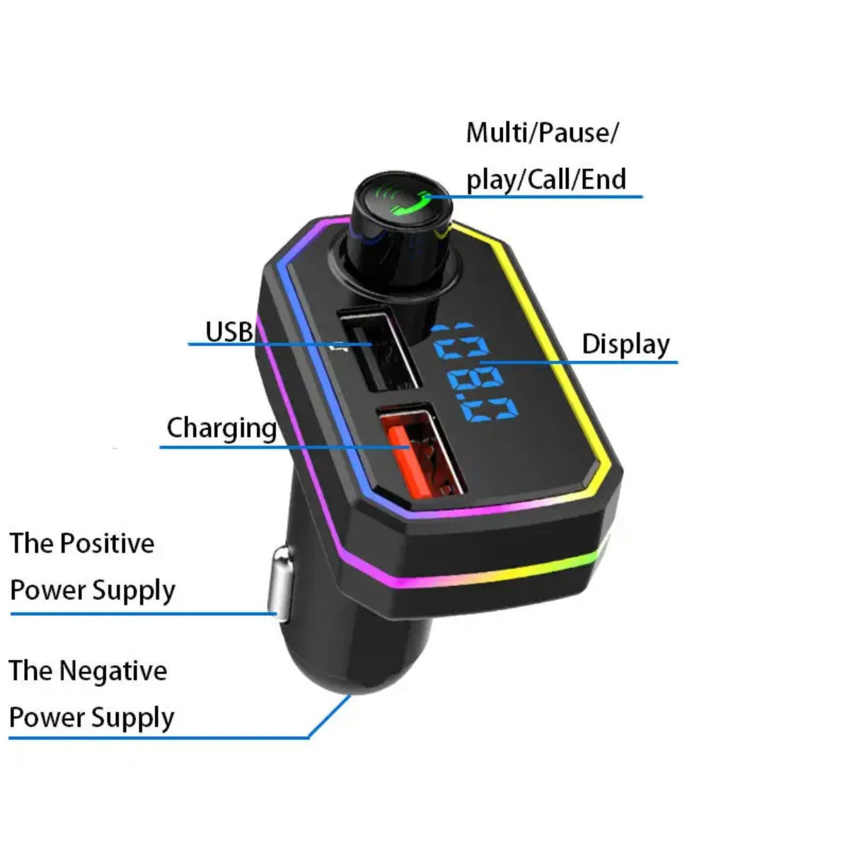 Shema bluetooth FM transmitera za auto sa oznacenim funkcijama i prikljuccima