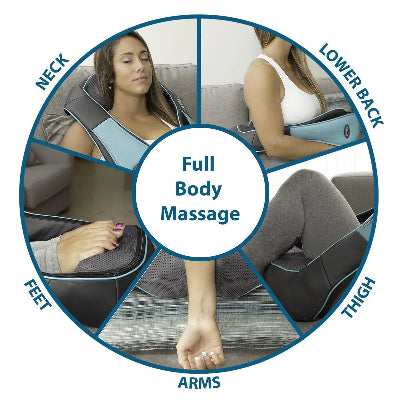 Shiatsu masazer za celo telo: vrat, ledja, ramena, struk, noge. Prikazane su razlicite primene masazera.