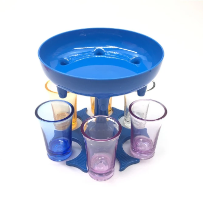 plavi shot dozer sa casicama u razlicitim bojama, narandzasta, plava, roze, idealan gadget za zurke i proslave