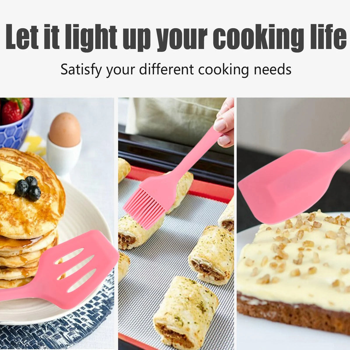 Silikonska spatula i cetkica roze boje uz palacinke i peciva
