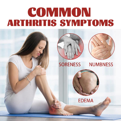 Prikaz najčešćih simptoma artritisa. Žena koja oseća bolove u kolenu i nozi, sa ilustracijama bola, utrnulosti i otoka u zglobovima. Krema ublažava sve navedene simptome.