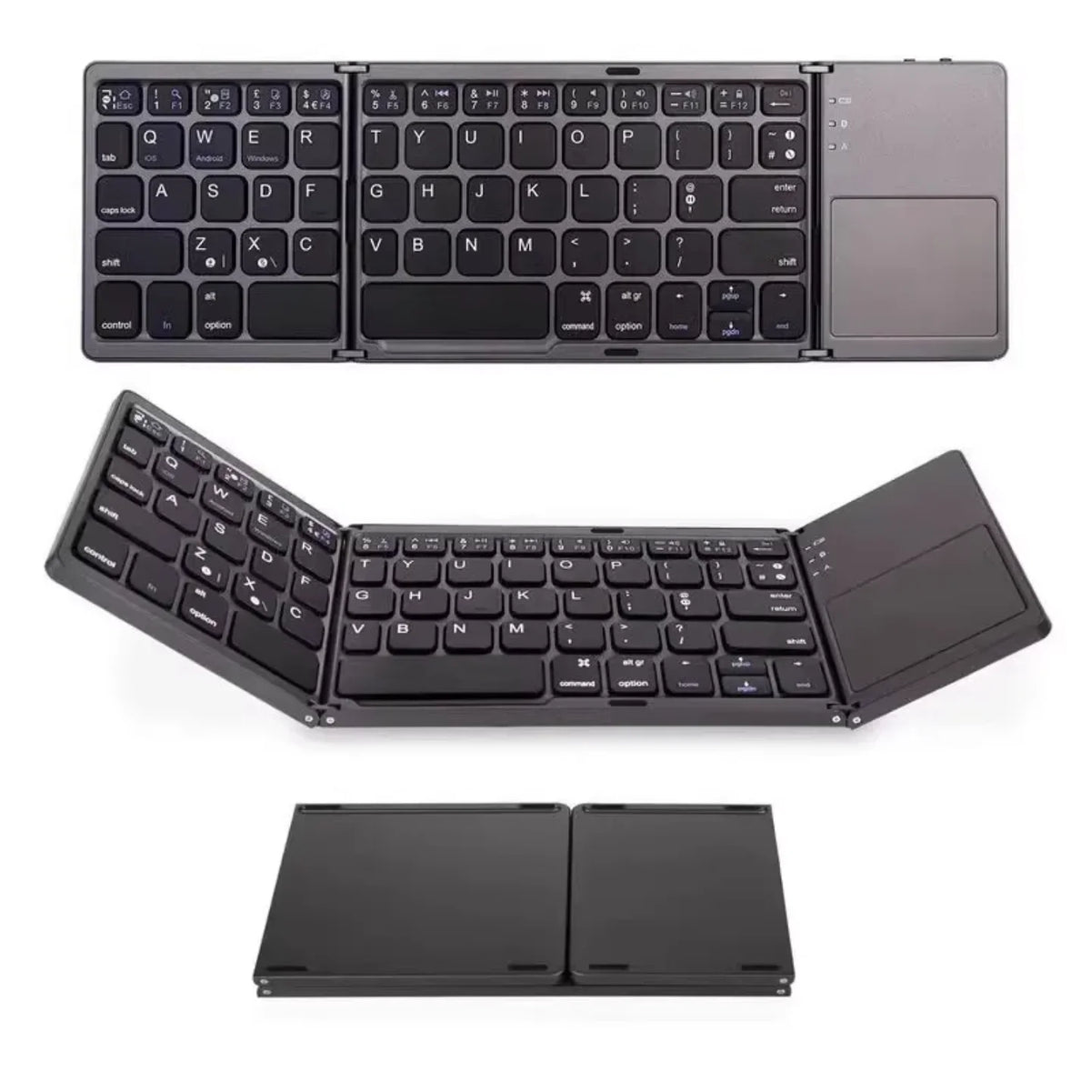 Crna sklopiva bezicna tastatura sa touchpadom otvorena i sklopljena