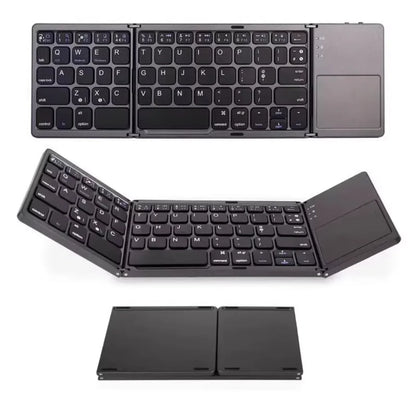 Crna sklopiva bezicna tastatura sa touchpadom otvorena i sklopljena