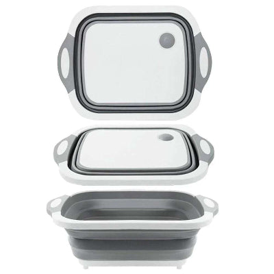 Kompaktan dizajn sklopive posude i daske za secenje, pogled odozgo na sklopljeno i rasklopljeno stanje, prakticno kuhinjsko pomagalo.