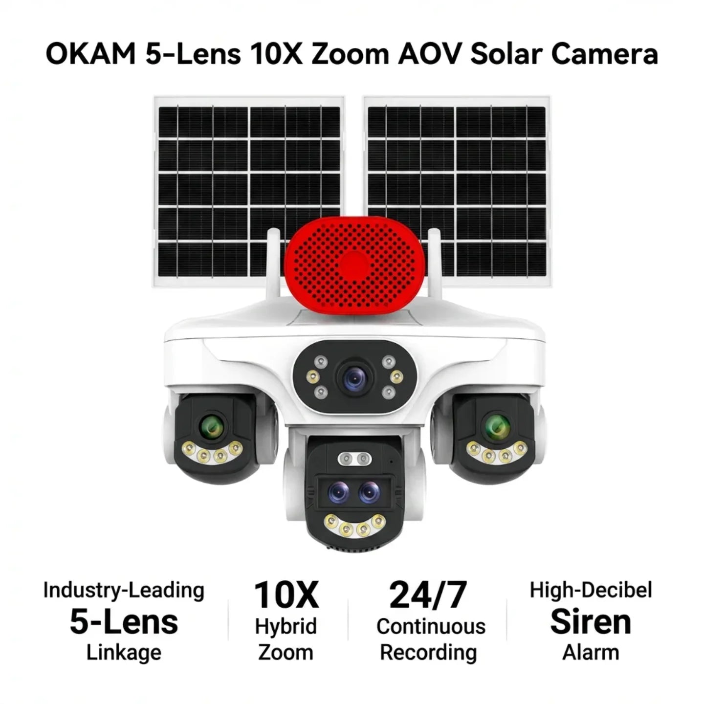 Solarna sigurnosna kamera sa 5 objektiva, 10x zumom i sirenom visokog intenziteta