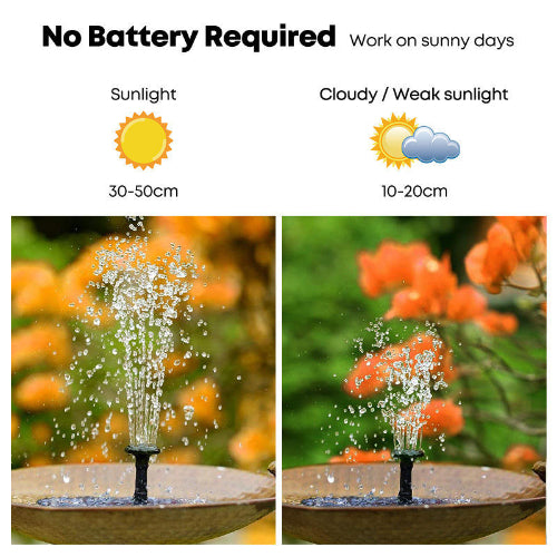 Visina vodenog mlaza solarne fontane u zavisnosti od sunceve svetlosti: jako sunce 30-50cm, slabije sunce 10-20cm.