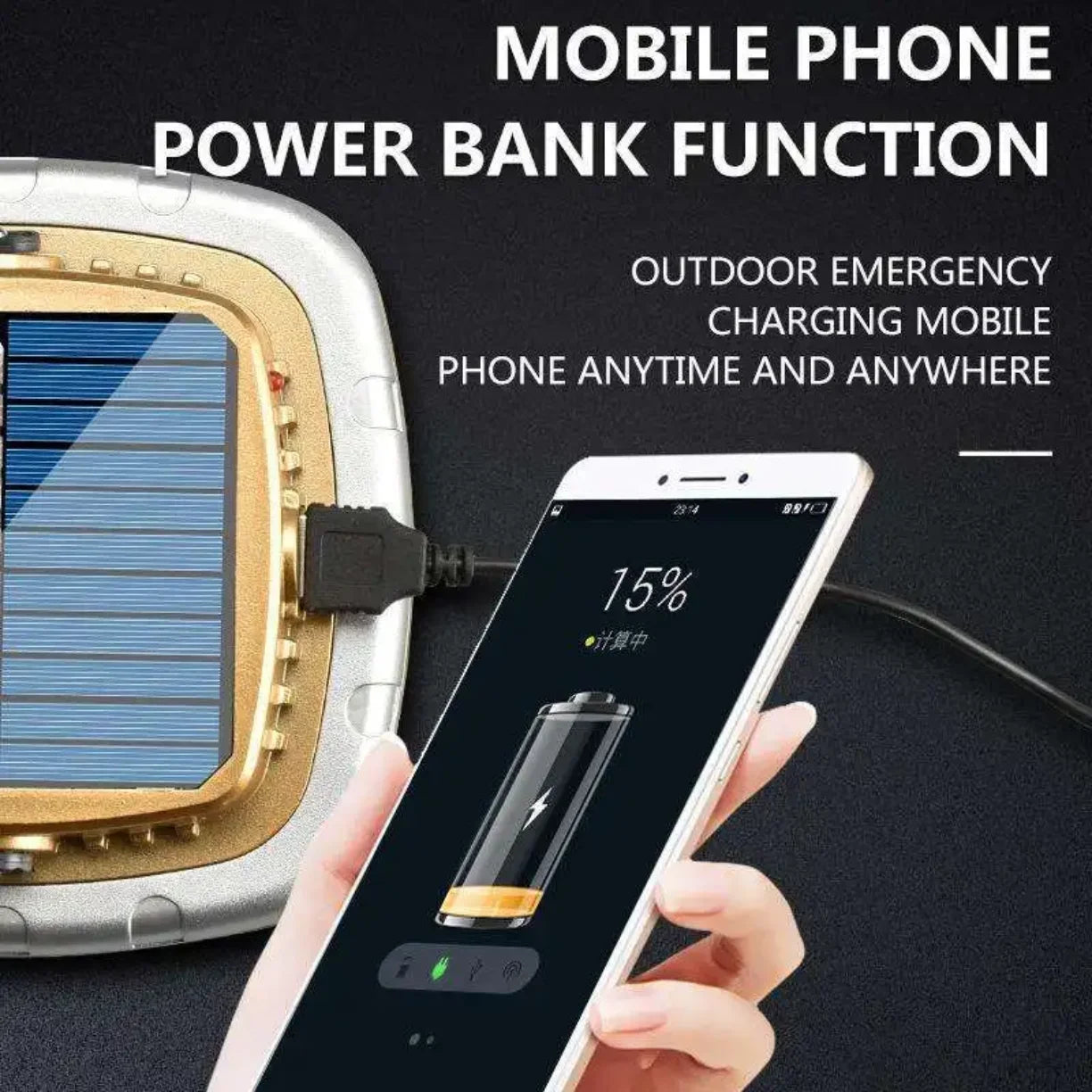 Solarna kamperska lampa koristi se kao power bank za punjenje telefona